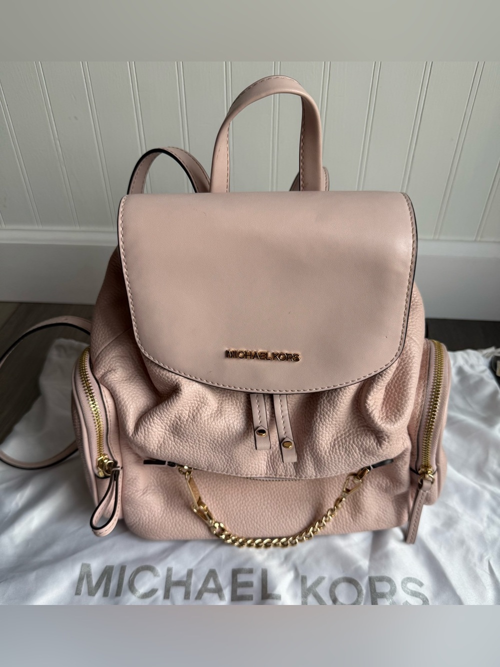 Michael Kors Pale Pink Leather Backpack with Gold Chain Detail